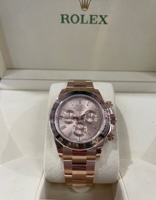 Load image into Gallery viewer, Rolex Cosmograph Daytona 40mm 116505 Factory Everose Gold Sundust Baguette Dial Box and Papers