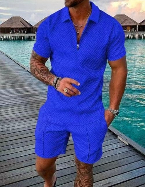 Load image into Gallery viewer, Men's Tracksuit Casual Short Sleeve Zipper Polo Shirt&Shorts Set for