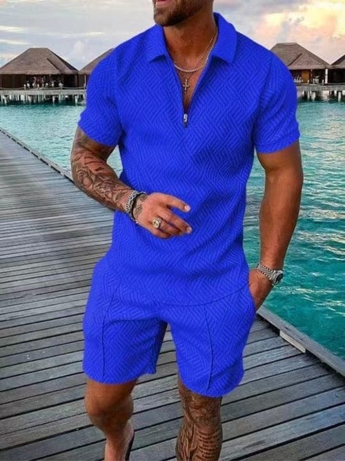 Men's Tracksuit Casual Short Sleeve Zipper Polo Shirt&Shorts Set for