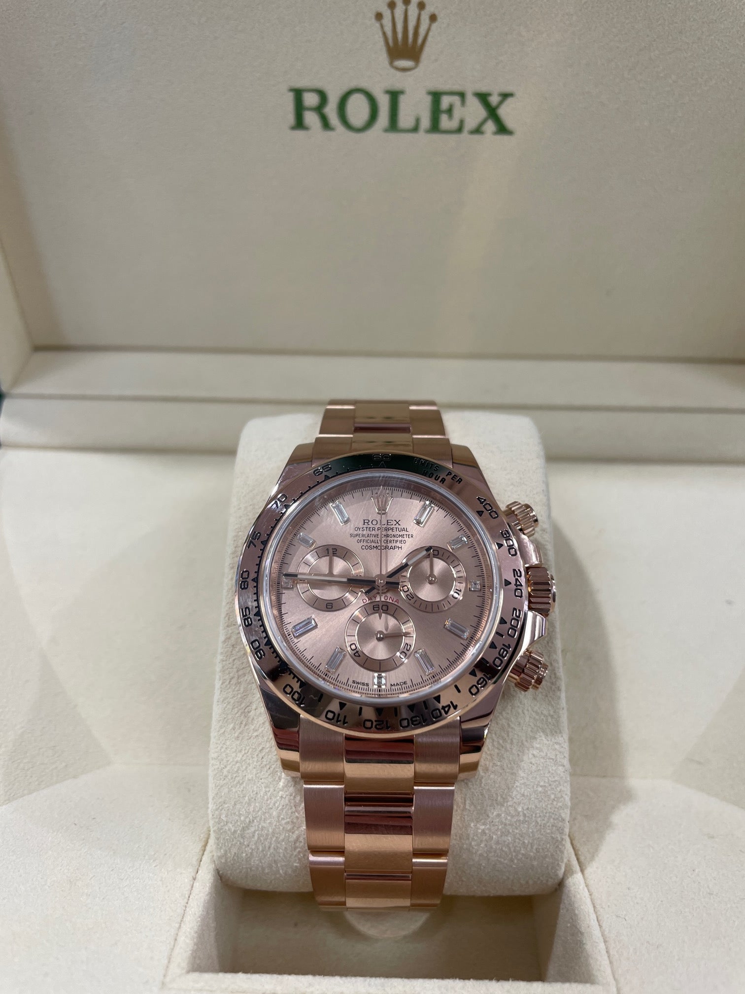 Rolex Cosmograph Daytona 40mm 116505 Factory Everose Gold Sundust Baguette Dial Box and Papers