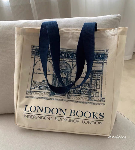 Women Canvas Shoulder Bag London Books Print Ladies Casual Handbag Tote Bag Reusable Large Capacity Cotton Shopping Beach Bag