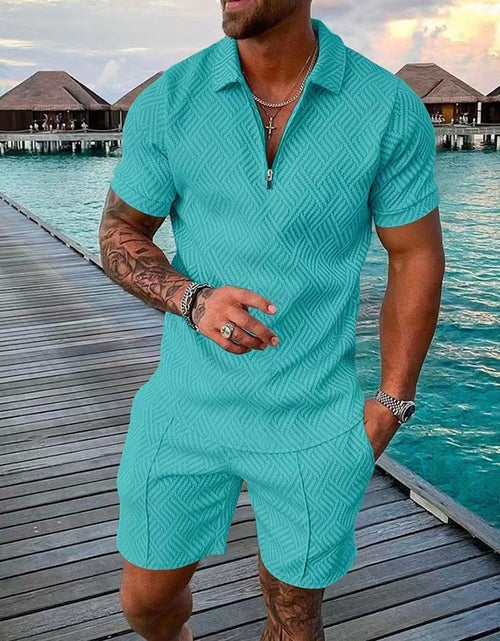 Load image into Gallery viewer, Men&#39;s Tracksuit Casual Short Sleeve Zipper Polo Shirt&amp;Shorts Set for
