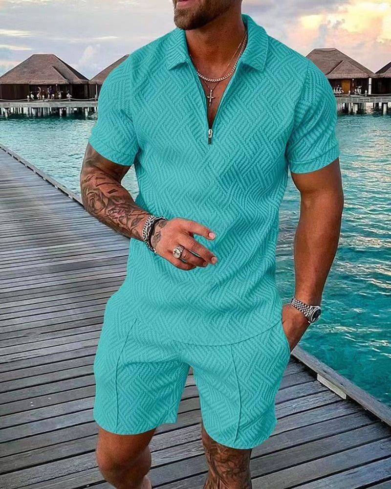 Men's Tracksuit Casual Short Sleeve Zipper Polo Shirt&Shorts Set for