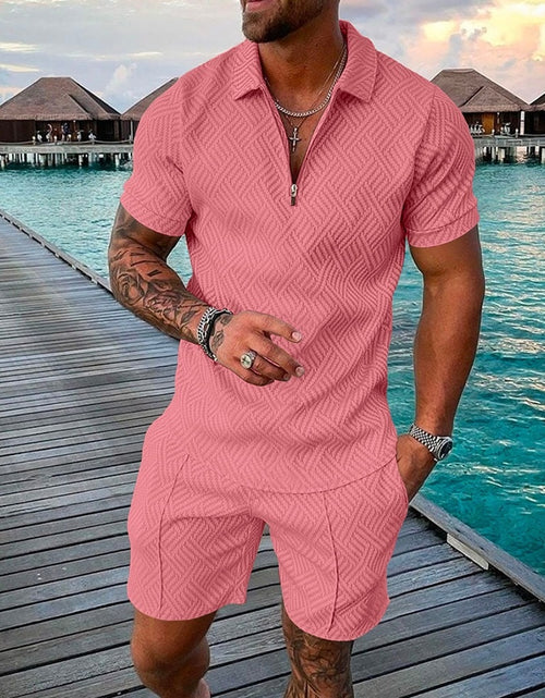 Load image into Gallery viewer, Men&#39;s Tracksuit Casual Short Sleeve Zipper Polo Shirt&amp;Shorts Set for
