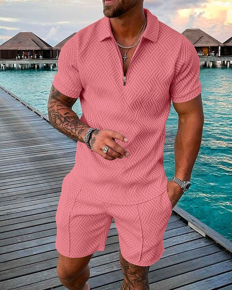 Men's Tracksuit Casual Short Sleeve Zipper Polo Shirt&Shorts Set for