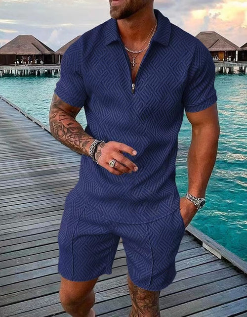 Load image into Gallery viewer, Men&#39;s Tracksuit Casual Short Sleeve Zipper Polo Shirt&amp;Shorts Set for
