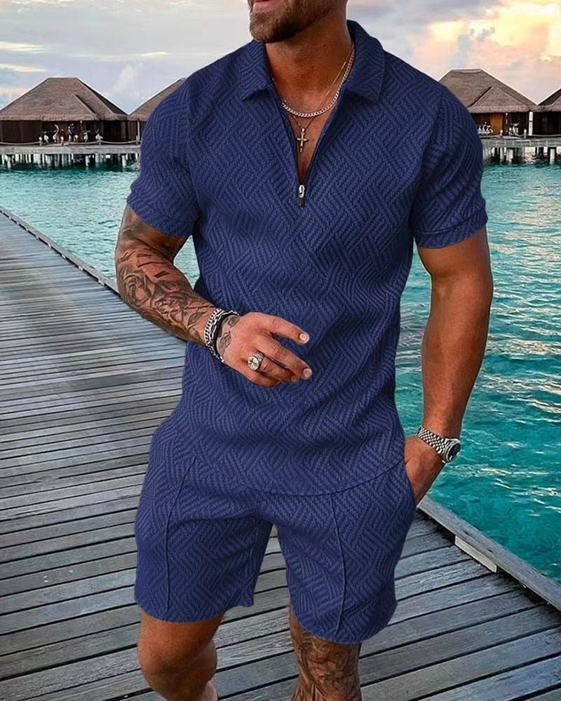 Men's Tracksuit Casual Short Sleeve Zipper Polo Shirt&Shorts Set for