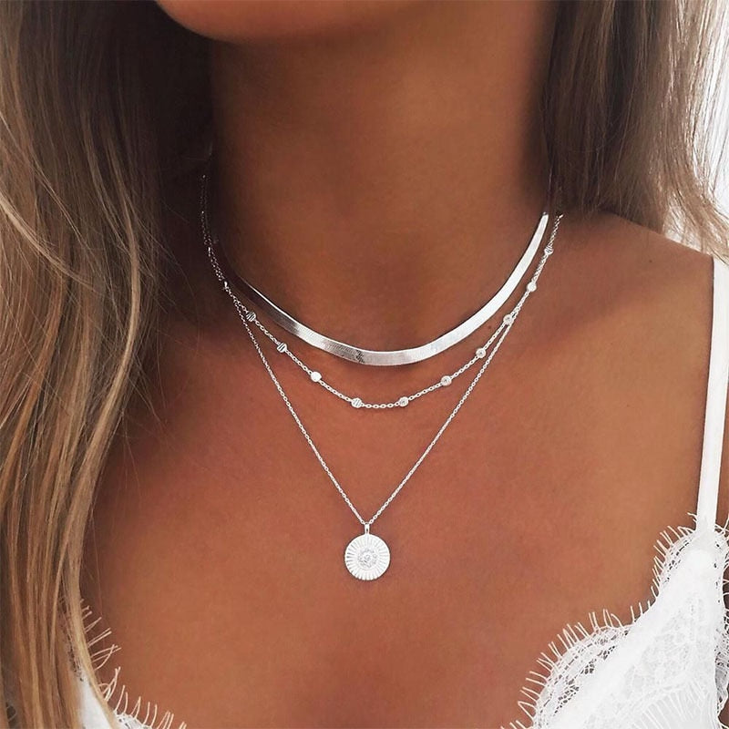 925 Sterling Silver Three-Layer Round Necklace Simple Snake Chain Charm Ball Chain Party Gift For Women&#39;s Exquisite Jewelry