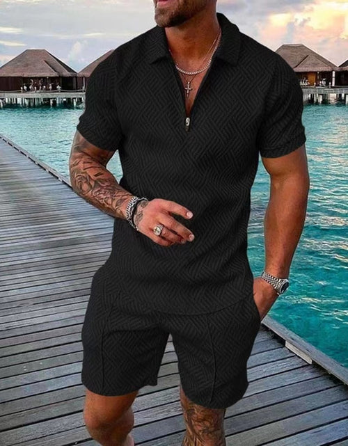 Load image into Gallery viewer, Men&#39;s Tracksuit Casual Short Sleeve Zipper Polo Shirt&amp;Shorts Set for
