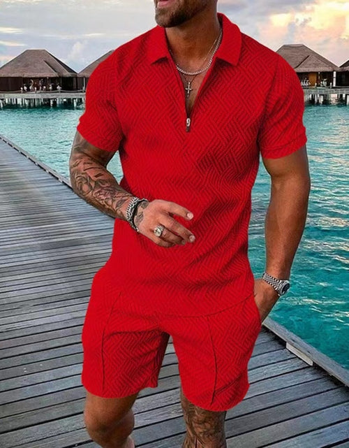 Load image into Gallery viewer, Men&#39;s Tracksuit Casual Short Sleeve Zipper Polo Shirt&amp;Shorts Set for
