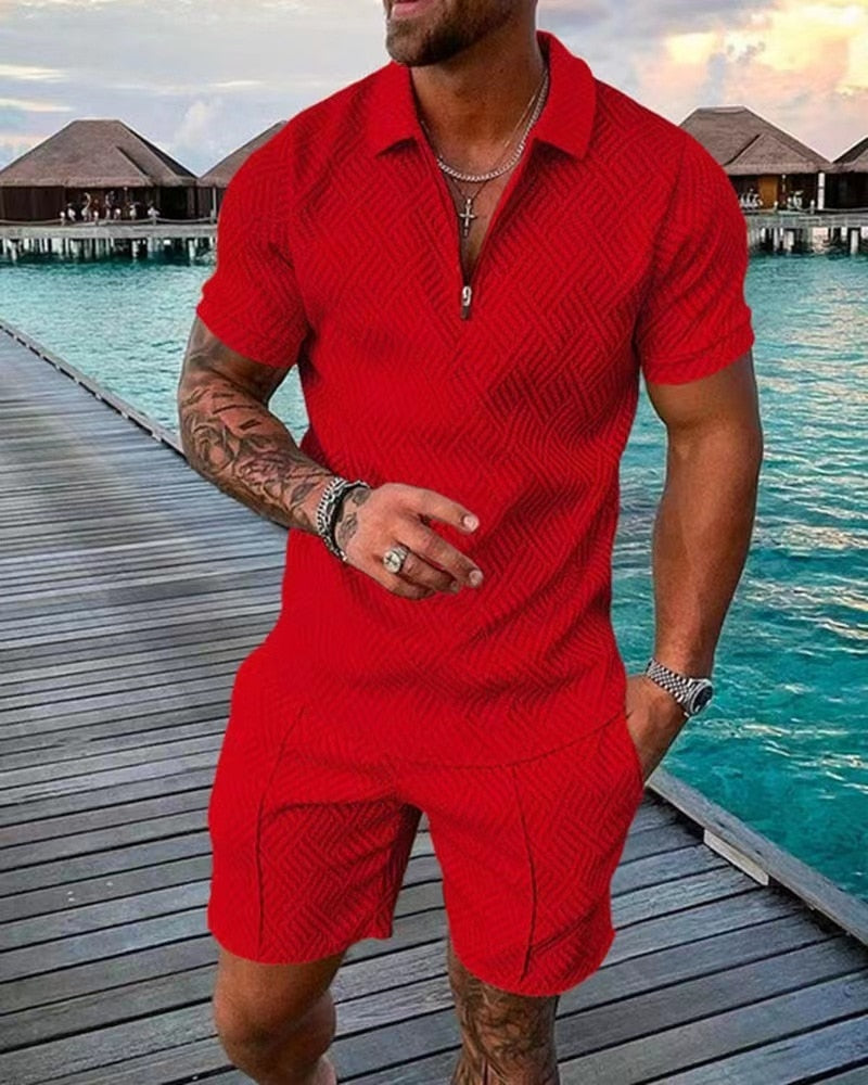 Men's Tracksuit Casual Short Sleeve Zipper Polo Shirt&Shorts Set for