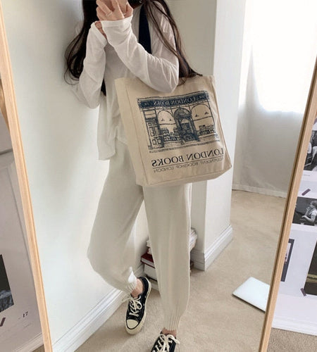 Women Canvas Shoulder Bag London Books Print Ladies Casual Handbag Tote Bag Reusable Large Capacity Cotton Shopping Beach Bag