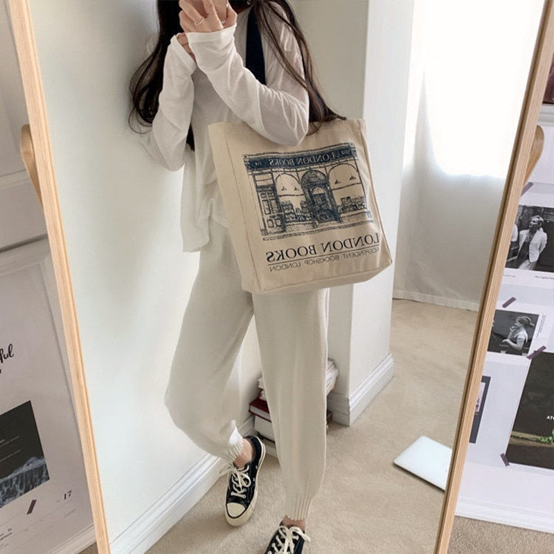 Women Canvas Shoulder Bag London Books Print Ladies Casual Handbag Tote Bag Reusable Large Capacity Cotton Shopping Beach Bag