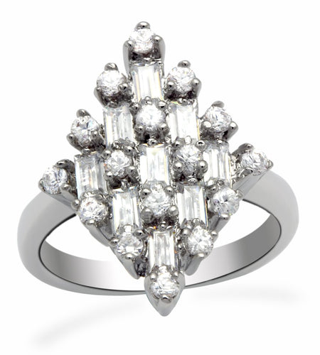 LO2061 - Rhodium Brass Ring with AAA Grade CZ  in Clear