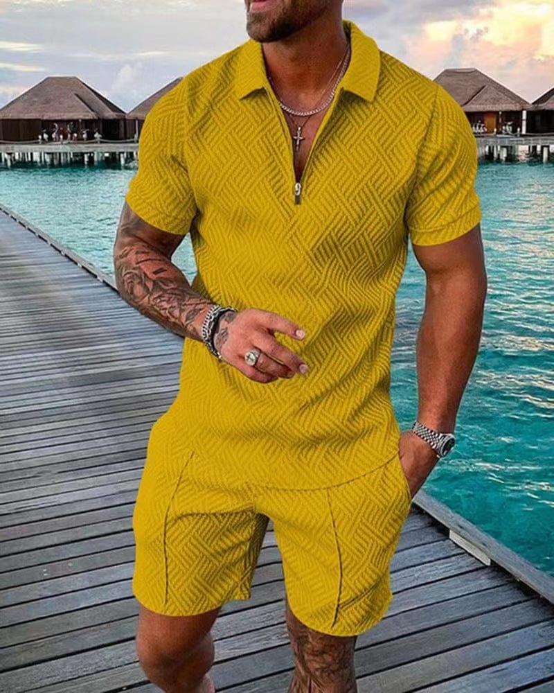Men's Tracksuit Casual Short Sleeve Zipper Polo Shirt&Shorts Set for