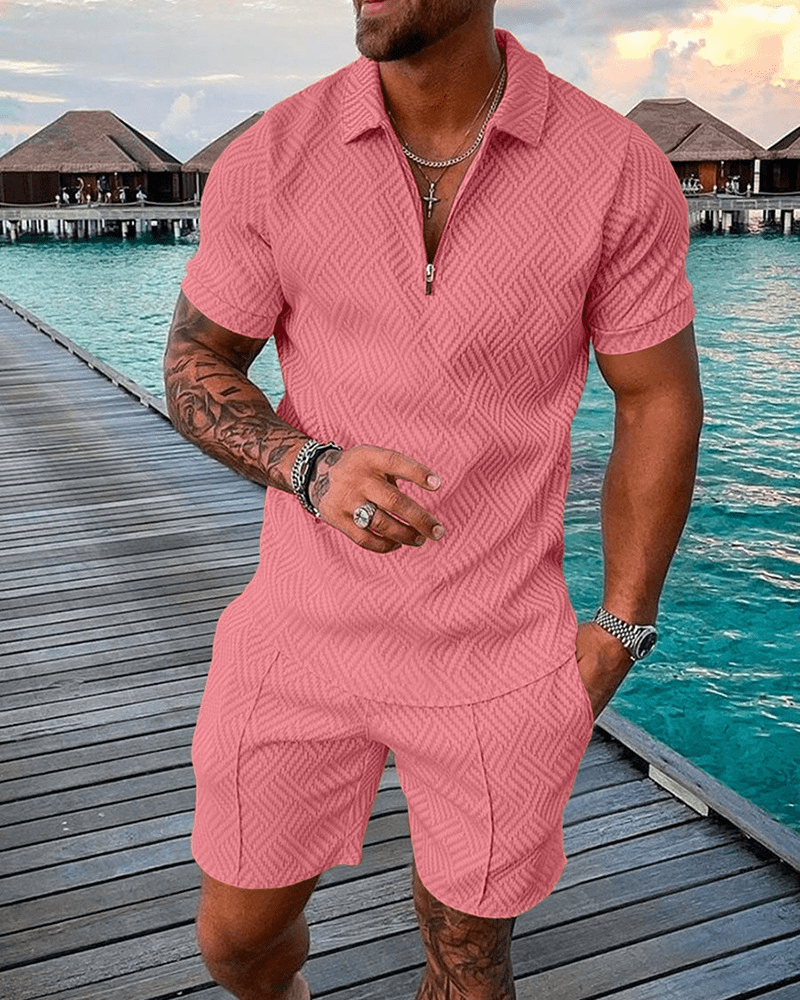 Men's Tracksuit Casual Short Sleeve Zipper Polo Shirt&Shorts Set for